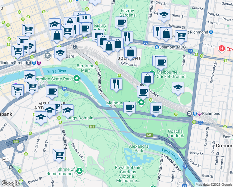 map of restaurants, bars, coffee shops, grocery stores, and more near Olympic Boulevard in Melbourne