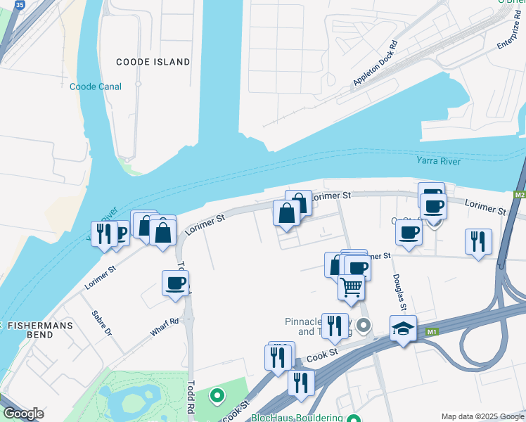 map of restaurants, bars, coffee shops, grocery stores, and more near 600 Lorimer Street in Port Melbourne