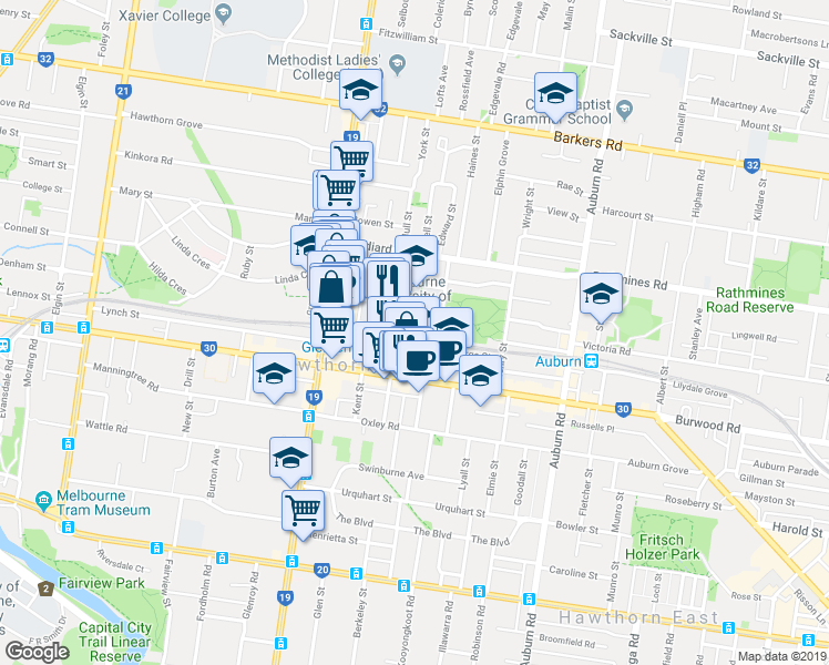 map of restaurants, bars, coffee shops, grocery stores, and more near John Street in Hawthorn