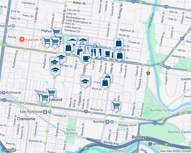 map of restaurants, bars, coffee shops, grocery stores, and more near 55 Hunter Street in Richmond