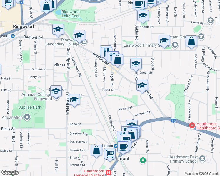map of restaurants, bars, coffee shops, grocery stores, and more near 26 Tagell Road in Heathmont