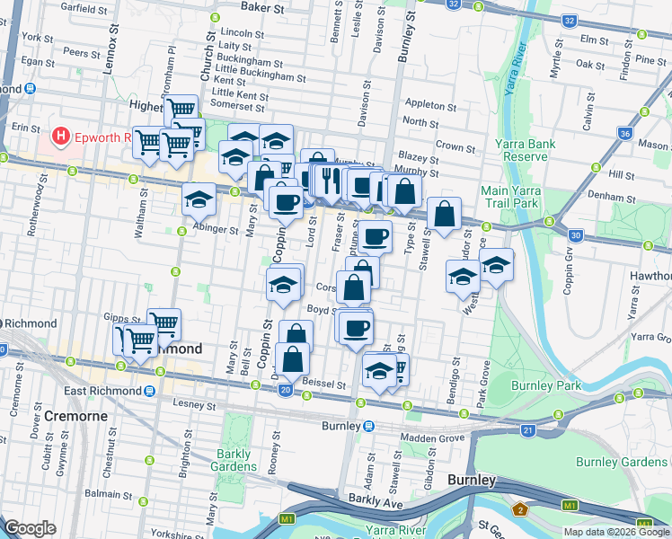 map of restaurants, bars, coffee shops, grocery stores, and more near 63 Fraser Street in Richmond