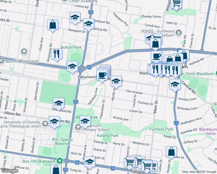 map of restaurants, bars, coffee shops, grocery stores, and more near 5 Pakenham Street in Blackburn