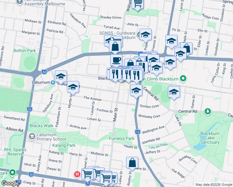 map of restaurants, bars, coffee shops, grocery stores, and more near 68 Laburnum Street in Blackburn