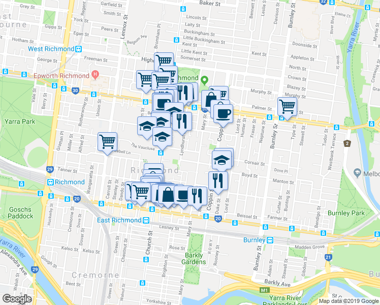 map of restaurants, bars, coffee shops, grocery stores, and more near 12 Brougham Street in Richmond