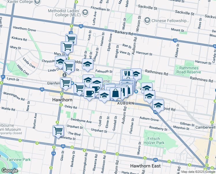 map of restaurants, bars, coffee shops, grocery stores, and more near 32 Henry Street in Hawthorn