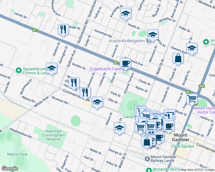 map of restaurants, bars, coffee shops, grocery stores, and more near 21 Ehret St in Mt Gambier