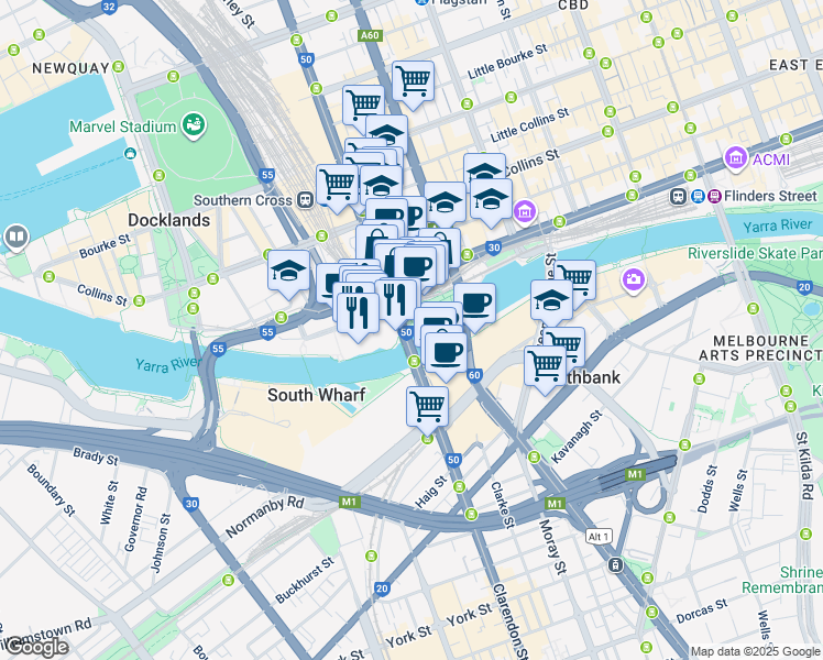 map of restaurants, bars, coffee shops, grocery stores, and more near 2A Spencer Street in Melbourne
