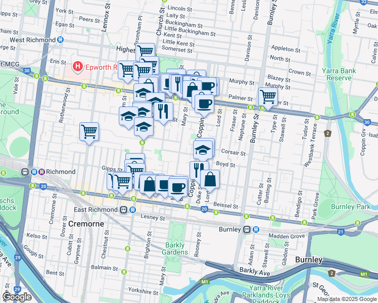 map of restaurants, bars, coffee shops, grocery stores, and more near 15 Wall Street in Richmond