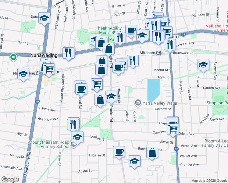 map of restaurants, bars, coffee shops, grocery stores, and more near 47 Rooks Road in Mitcham