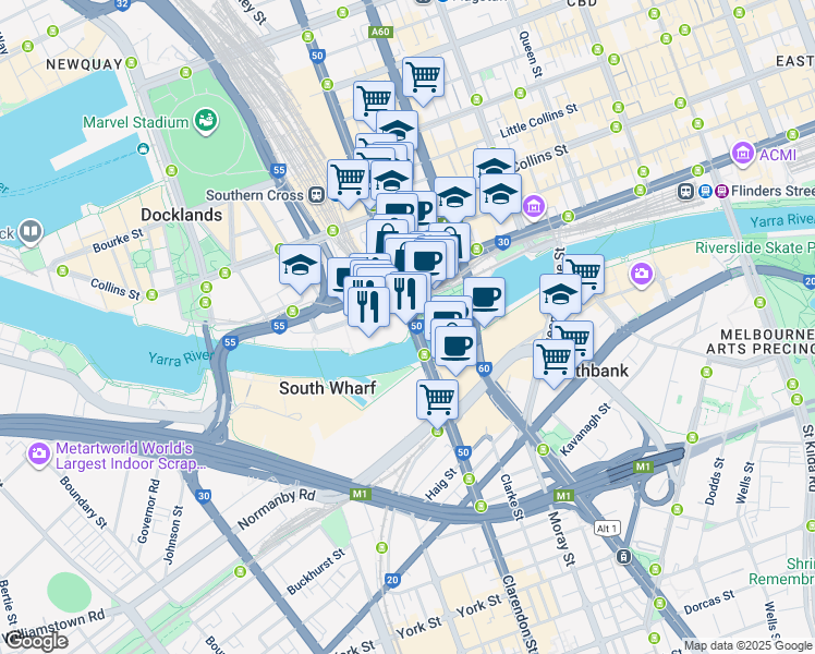 map of restaurants, bars, coffee shops, grocery stores, and more near 5 Clarendon Street in Melbourne