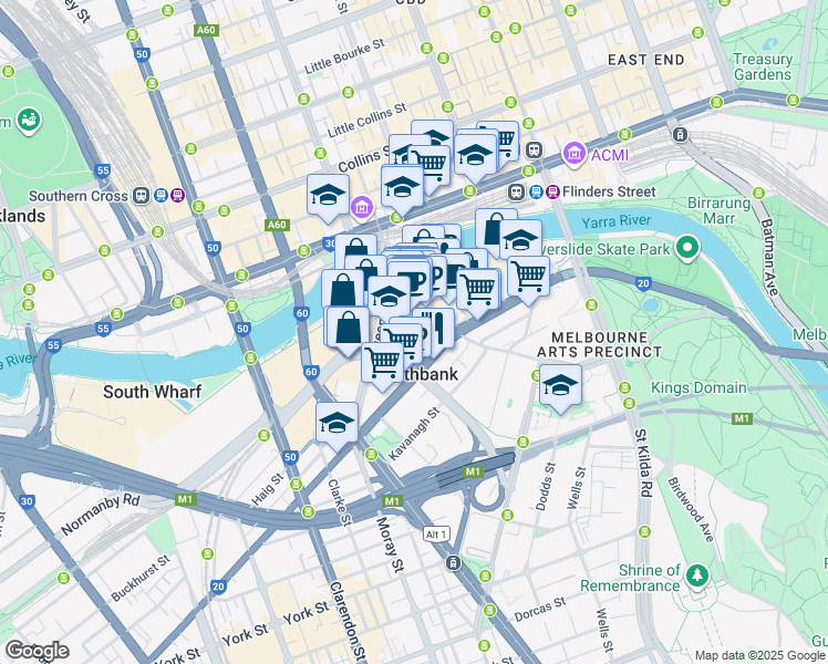map of restaurants, bars, coffee shops, grocery stores, and more near 28 Freshwater Place in Southbank