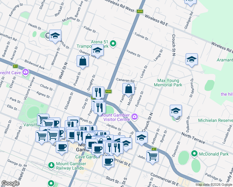 map of restaurants, bars, coffee shops, grocery stores, and more near 1 Carapook Street in Mount Gambier
