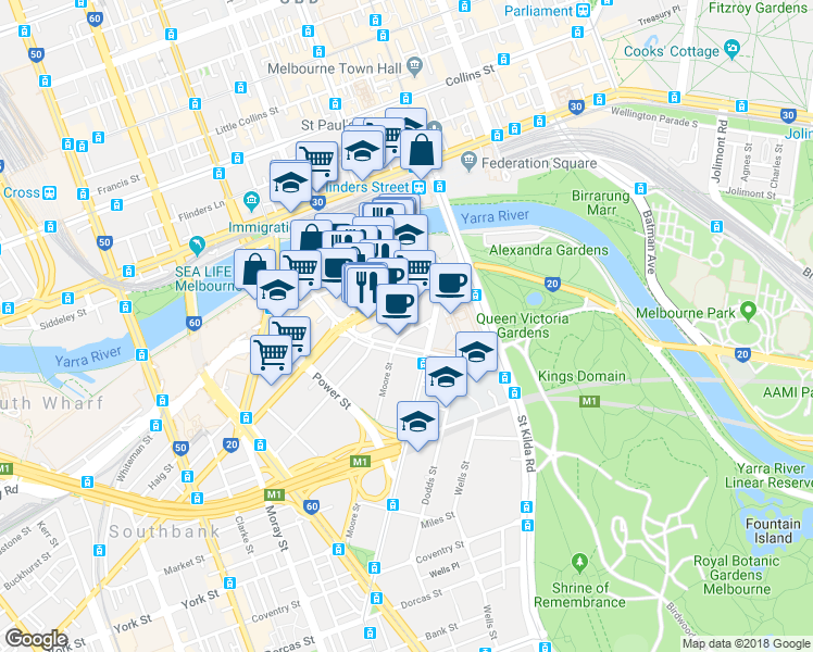 map of restaurants, bars, coffee shops, grocery stores, and more near 10 Kavanagh Street in Southbank