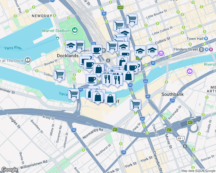 map of restaurants, bars, coffee shops, grocery stores, and more near 60 Siddeley Street in Docklands