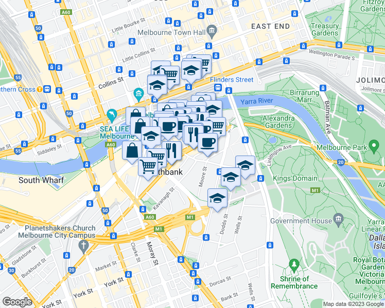 map of restaurants, bars, coffee shops, grocery stores, and more near 99 City Road in Southbank