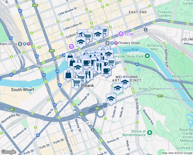 map of restaurants, bars, coffee shops, grocery stores, and more near 55 Southbank Boulevard in Southbank