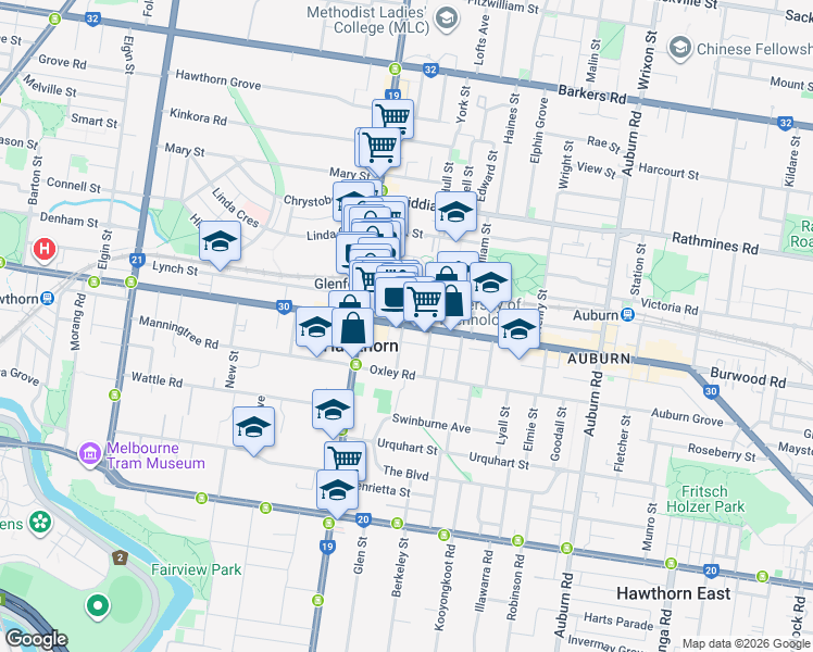 map of restaurants, bars, coffee shops, grocery stores, and more near 427 Burwood Road in Hawthorn