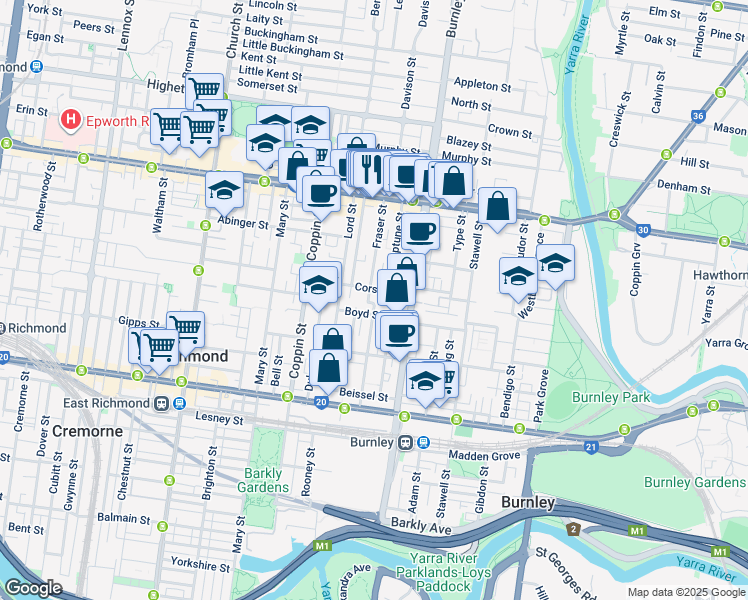 map of restaurants, bars, coffee shops, grocery stores, and more near 77 Fraser Street in Richmond