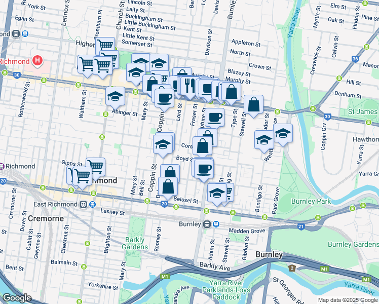 map of restaurants, bars, coffee shops, grocery stores, and more near 77 Fraser Street in Richmond