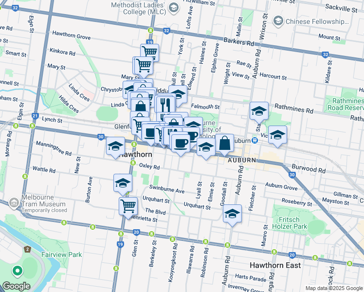 map of restaurants, bars, coffee shops, grocery stores, and more near 477 Burwood Road in Hawthorn