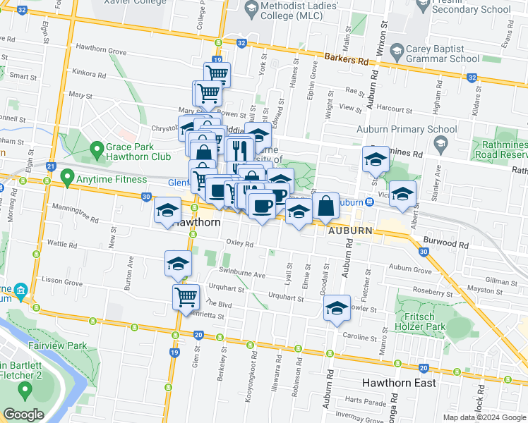 map of restaurants, bars, coffee shops, grocery stores, and more near 477 Burwood Road in Hawthorn