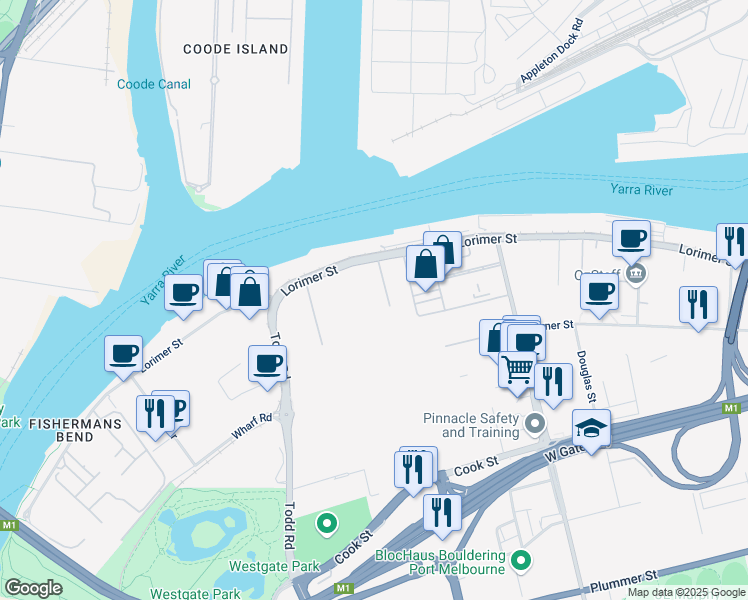 map of restaurants, bars, coffee shops, grocery stores, and more near 600 Lorimer Street in Port Melbourne