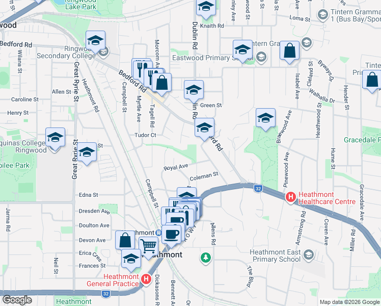 map of restaurants, bars, coffee shops, grocery stores, and more near 45A Royal Avenue in Heathmont