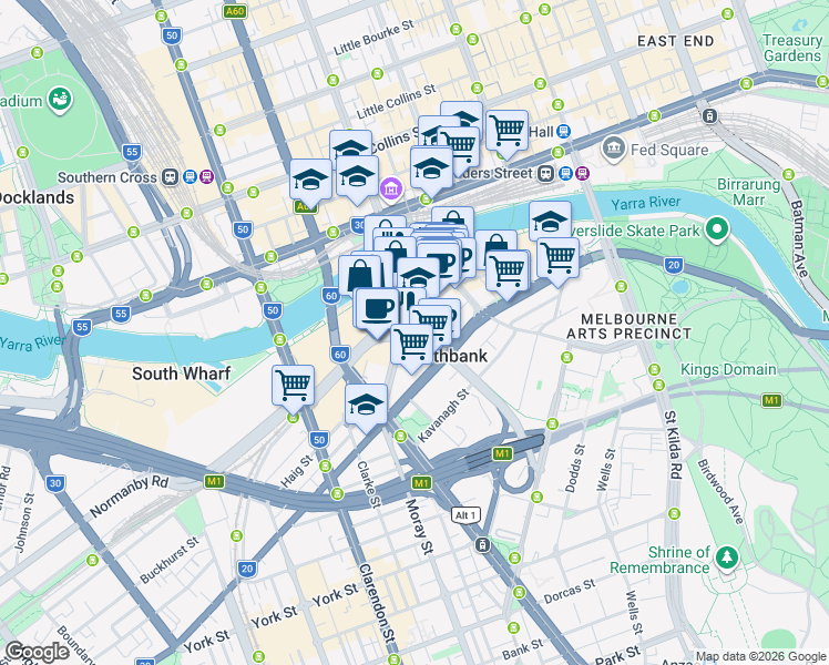 map of restaurants, bars, coffee shops, grocery stores, and more near 9 Power Street in Southbank
