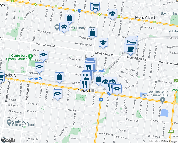 map of restaurants, bars, coffee shops, grocery stores, and more near 158 Union Road in Surrey Hills