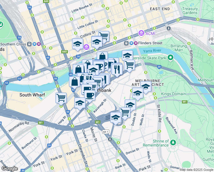 map of restaurants, bars, coffee shops, grocery stores, and more near 133 City Road in Southbank