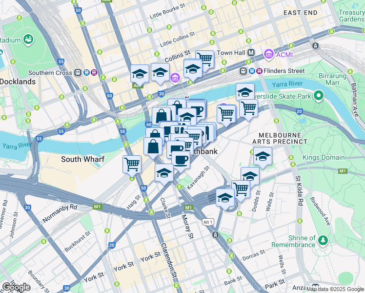 map of restaurants, bars, coffee shops, grocery stores, and more near 83 Queens Bridge Street in Southbank