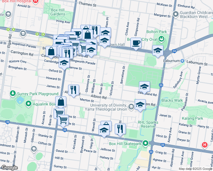 map of restaurants, bars, coffee shops, grocery stores, and more near 21 Victoria Street in Box Hill