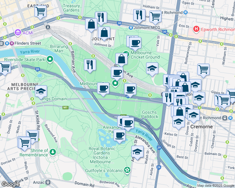 map of restaurants, bars, coffee shops, grocery stores, and more near Olympic Boulevard in Melbourne
