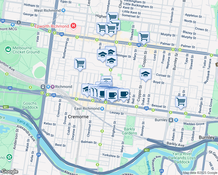 map of restaurants, bars, coffee shops, grocery stores, and more near in Richmond