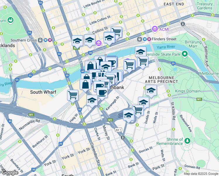 map of restaurants, bars, coffee shops, grocery stores, and more near 180 City Road in Southbank