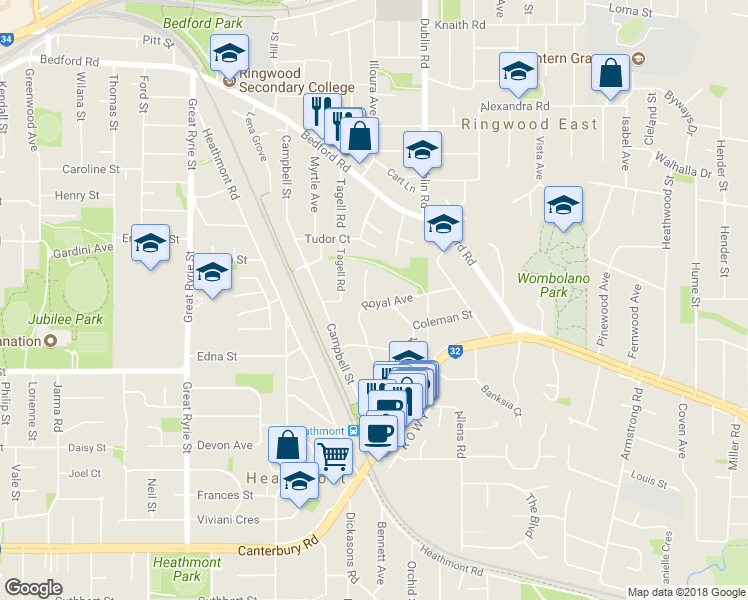 map of restaurants, bars, coffee shops, grocery stores, and more near 31 Royal Avenue in Heathmont