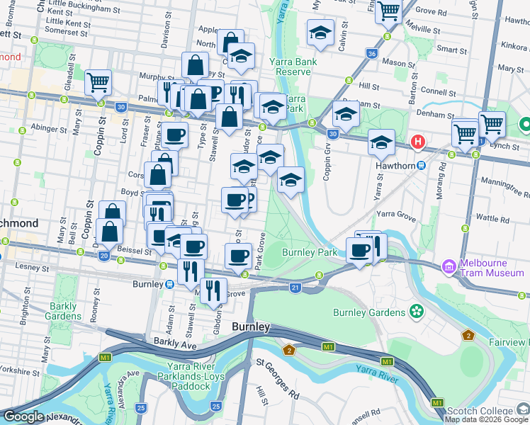 map of restaurants, bars, coffee shops, grocery stores, and more near Bellevue Street in Richmond