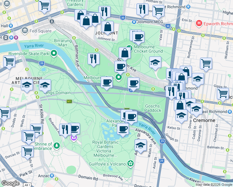 map of restaurants, bars, coffee shops, grocery stores, and more near Burnley Tunnel in Melbourne