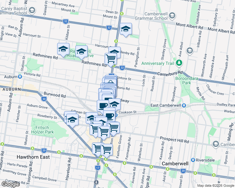 map of restaurants, bars, coffee shops, grocery stores, and more near 4 Avoca Street in Camberwell