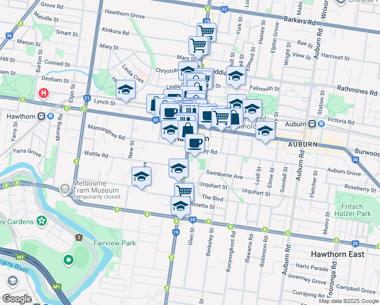 map of restaurants, bars, coffee shops, grocery stores, and more near 600 Glenferrie Road in Hawthorn