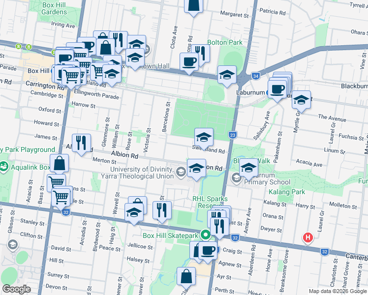 map of restaurants, bars, coffee shops, grocery stores, and more near 10 Sweetland Road in Box Hill