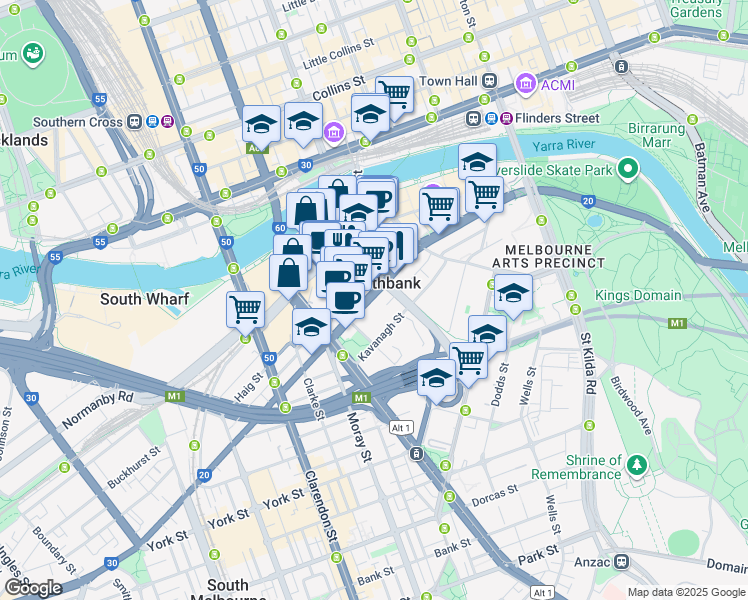 map of restaurants, bars, coffee shops, grocery stores, and more near 173 City Road in Southbank