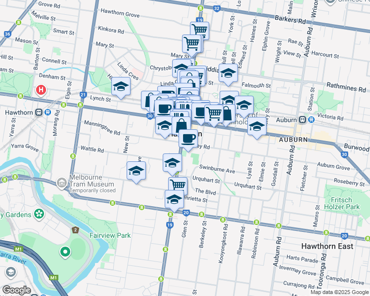 map of restaurants, bars, coffee shops, grocery stores, and more near 600 Glenferrie Road in Hawthorn