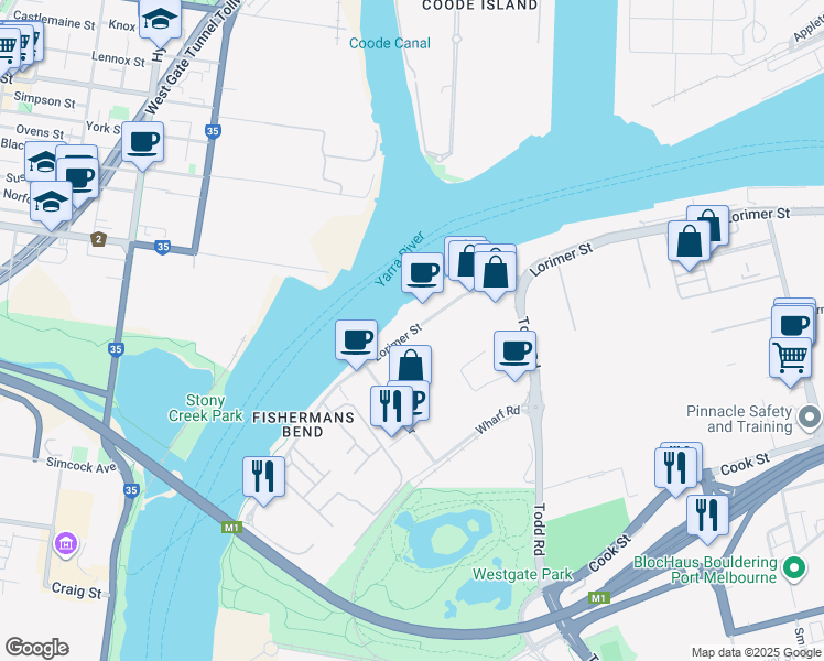 map of restaurants, bars, coffee shops, grocery stores, and more near Lorimer Street in Melbourne