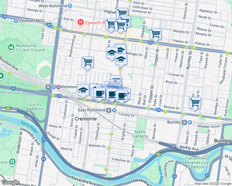 map of restaurants, bars, coffee shops, grocery stores, and more near 400 Church Street in Richmond