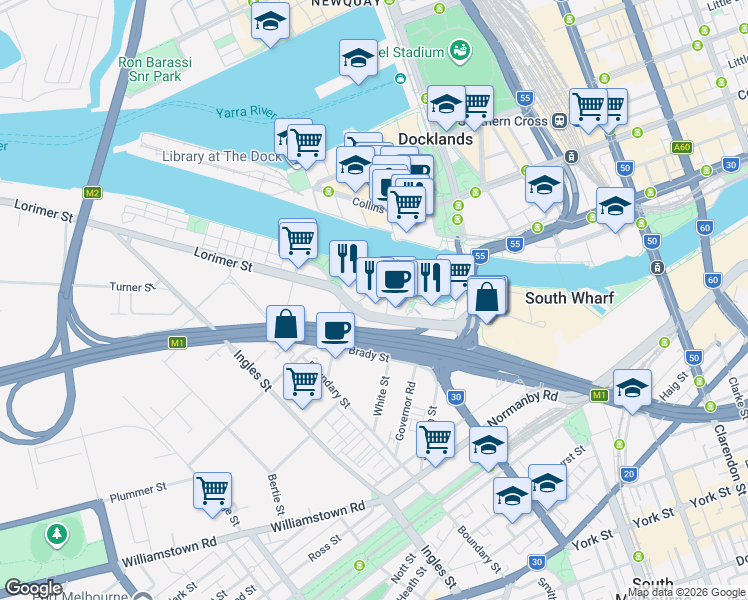 map of restaurants, bars, coffee shops, grocery stores, and more near 90 Lorimer Street in Docklands