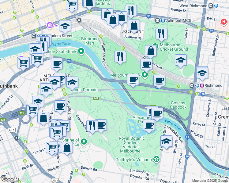 map of restaurants, bars, coffee shops, grocery stores, and more near Capital City Trail in Docklands