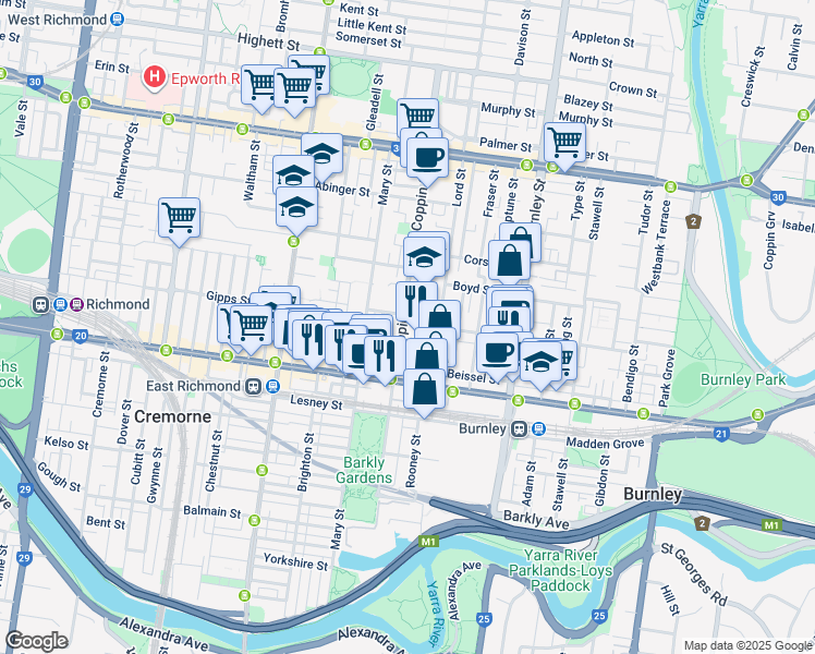map of restaurants, bars, coffee shops, grocery stores, and more near 183 Coppin Street in Richmond