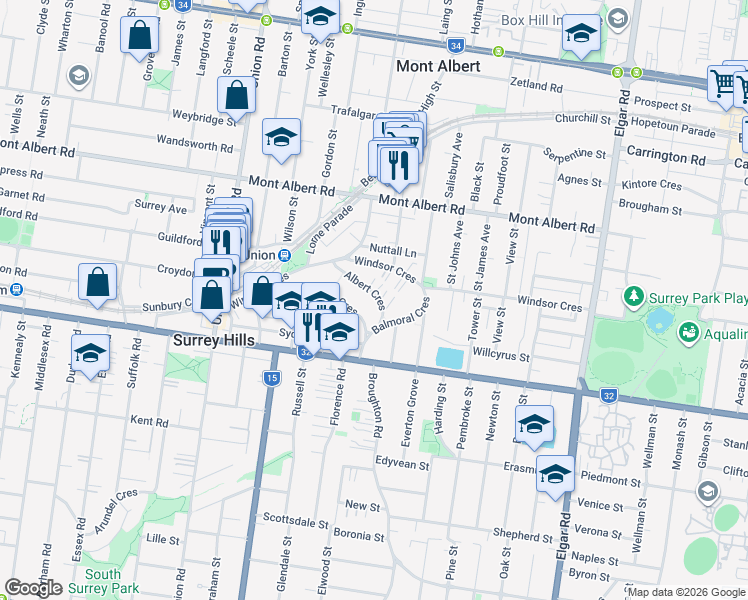map of restaurants, bars, coffee shops, grocery stores, and more near 34 Albert Crescent in Surrey Hills